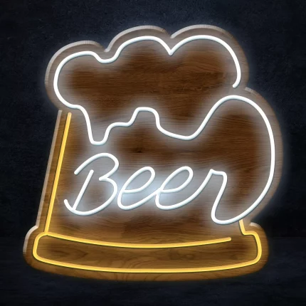 Beer Mug LED Neon Sign, glowing in shades of yellow and white. The sign is designed in the shape of a beer mug, with frothy foam on top.