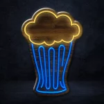 Beer Cup Decor LED Neon Sign, shaped like a beer cup and illuminated in shades of blue, white, and yellow. The sign features bubbles and a playful design, making it a great addition to any bar or home decor.