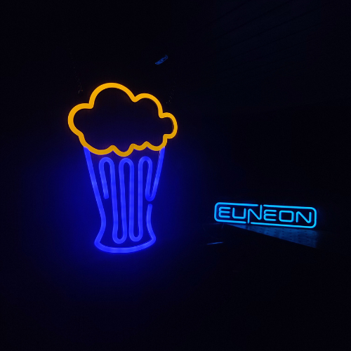 Beer Cup Decor LED Neon Sign, shaped like a beer cup and illuminated in shades of blue, white, and yellow. The sign features bubbles and a playful design, making it a great addition to any bar or home decor.